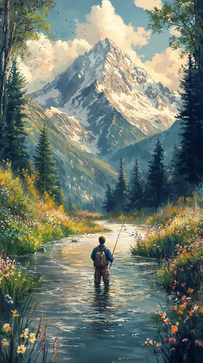 Người Câu Cá Đầu Năm - Phong Cảnh Núi Tuyết AI Art 4K