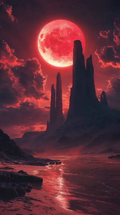 Mặt Trăng Đỏ Hoang Dã - Hình Nền AI Art Cosmic 4K