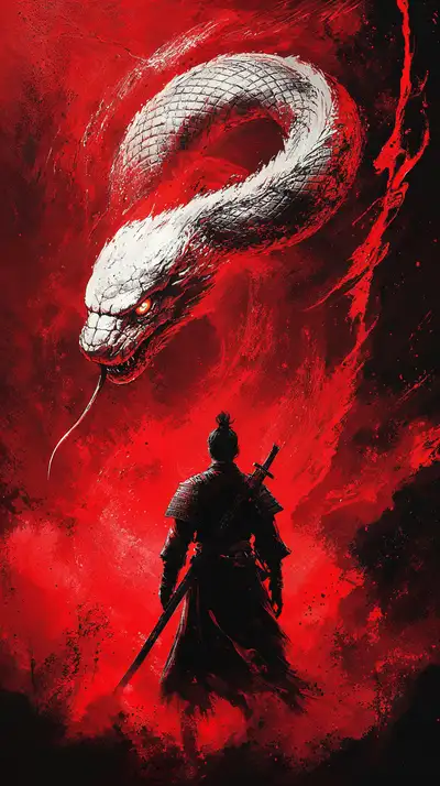 Rắn Thần Thoại Đỏ Đen - Samurai Dark Fantasy AI Art Wallpaper
