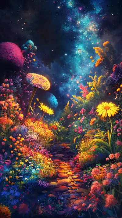 Vườn Hoa Vũ Trụ Phát Sáng - Hình Nền AI Art Cosmic 4K
