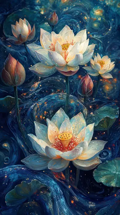 Sen Vàng Đêm Sao - Hình Nền AI Art Phong Thủy 4K