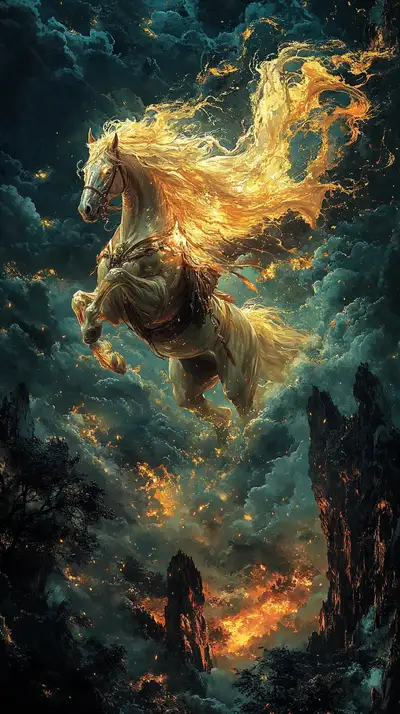 Ngựa Lửa Vàng Cosmic - Hình Nền AI Art Tuyệt Đẹp 4K