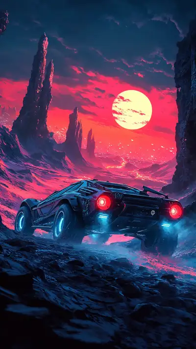 Xe Hypercar Neon Cyberpunk - Hình Nền AI Art 4K Alien Desert