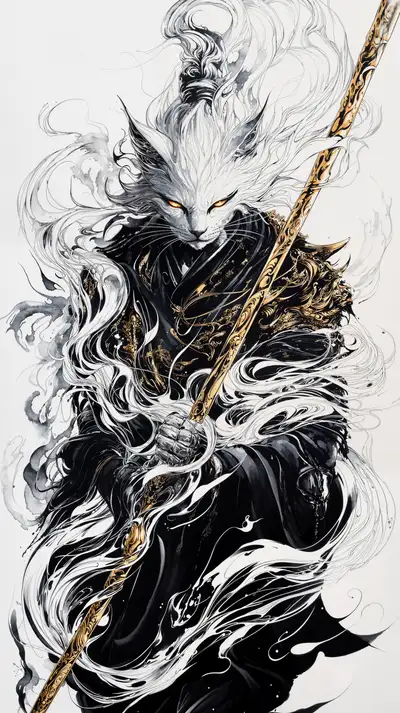 Mèo Chiến Sĩ Gậy Vàng - Hình Nền AI Art 4K