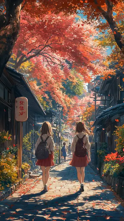 Phố Cổ Mùa Thu - Hai Cô Gái Dưới Cây Phong Vàng | AI Art 4K