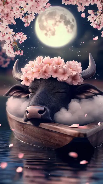 Trâu Hoa Hồng Dưới Trăng - Hình Nền AI Art Kỳ Ảo 4K