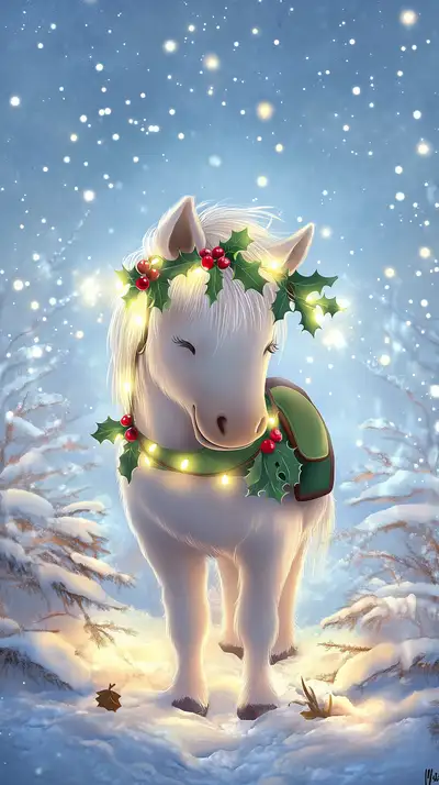 Ngựa Trắng Lễ Noel - Hình Nền Tuyết AI Art 4K