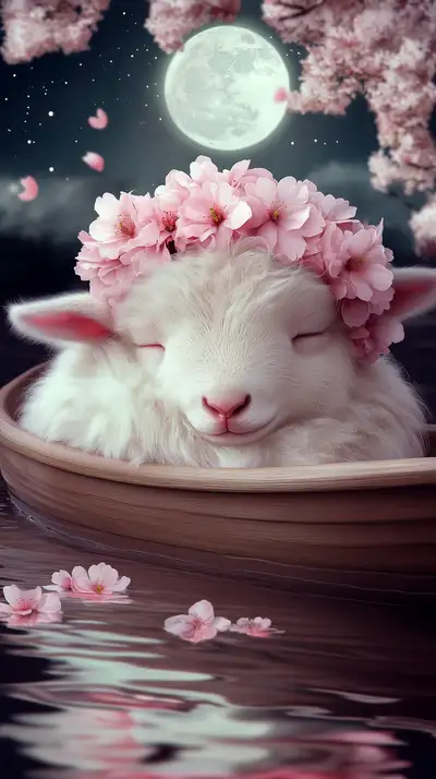 Cừu Trắng Hoa Hồng Ánh Trăng - Hình Nền AI Art 4K