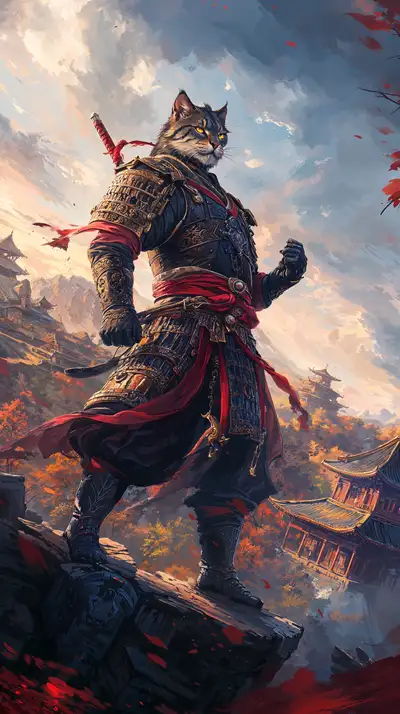 Mèo Samurai Giáp Vàng - Hình Nền AI Art 4K