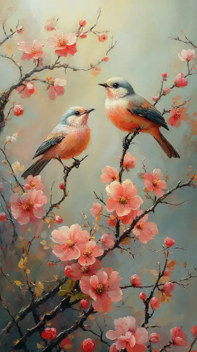 Hai Chim Trên Hoa Đào - Hình Nền AI Art 4K