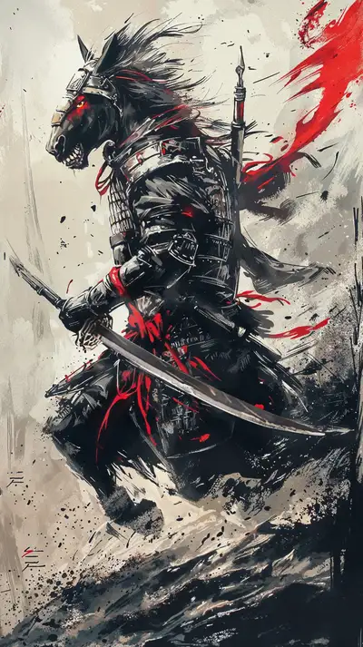 Ngựa Đen Samurai - Hình Nền AI Art Sumi-e 4K