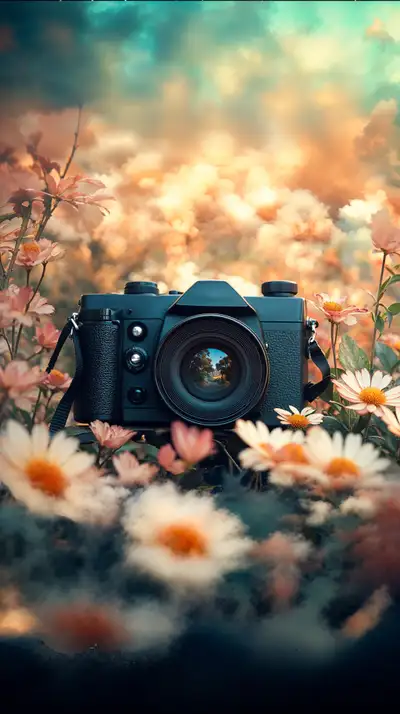 Máy Ảnh Giữa Hoa Cúc Vàng - Hình Nền Surreal AI Art 4K