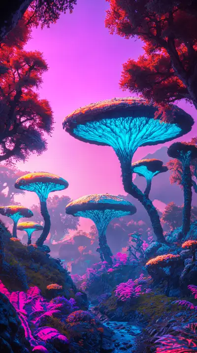 Rừng Nấm Phát Sáng Neon - Hình Nền AI Art 4K