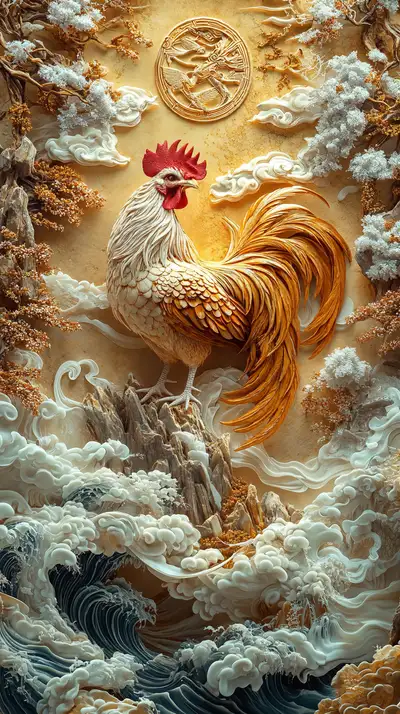 Gà Vàng Phong Thủy - Hình Nền AI Art 4K Mây Trời