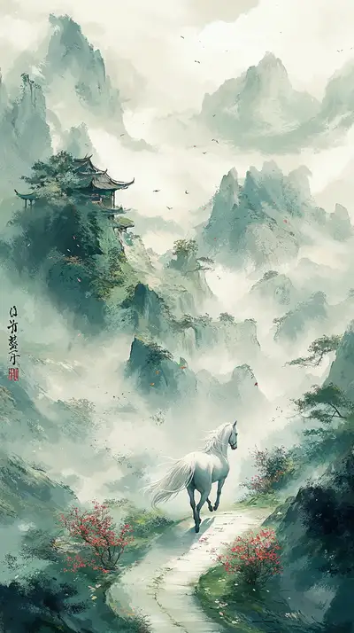 Ngựa Trắng Núi Sương Mù - Tranh Phong Thủy AI Art 4K