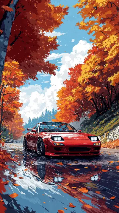 Xe Thể Thao Đỏ Mùa Thu - Hình Nền AI Art 4K