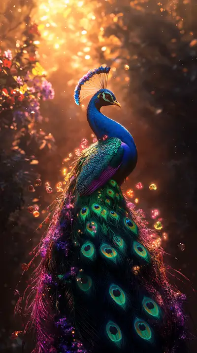 Chim Công Neon Cosmic - Hình Nền AI Art 4K Sang Trọng