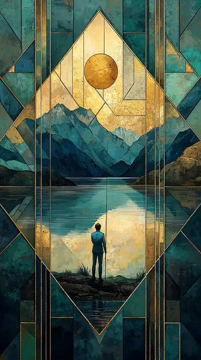 Người Đứng Nhìn Hồ - Hình Nền Thiên Nhiên Geometric AI Art