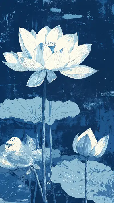 Hoa Sen Xanh Navy Phong Thủy - Hình Nền AI Art 4K