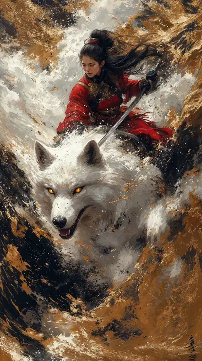 Phụ Nữ Chiến Binh & Sói Trắng - Hình Nền AI Art Phong Thủy 4K