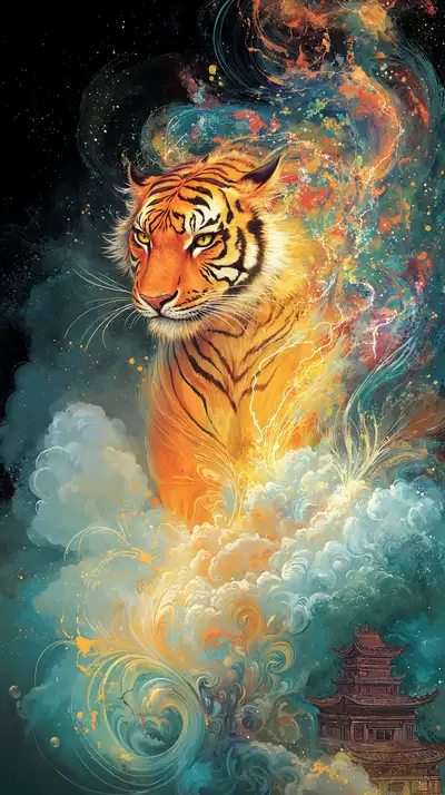 Hổ Vàng Phong Thủy - Hình Nền Cosmic AI Art 4K