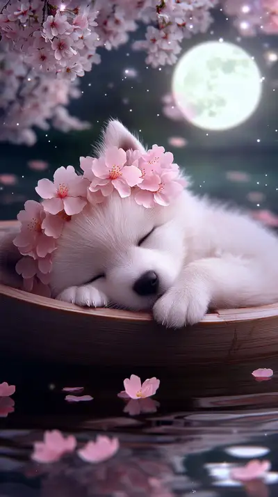 Chó Trắng Hoa Hồng Đêm Trăng - Hình Nền AI Art 4K