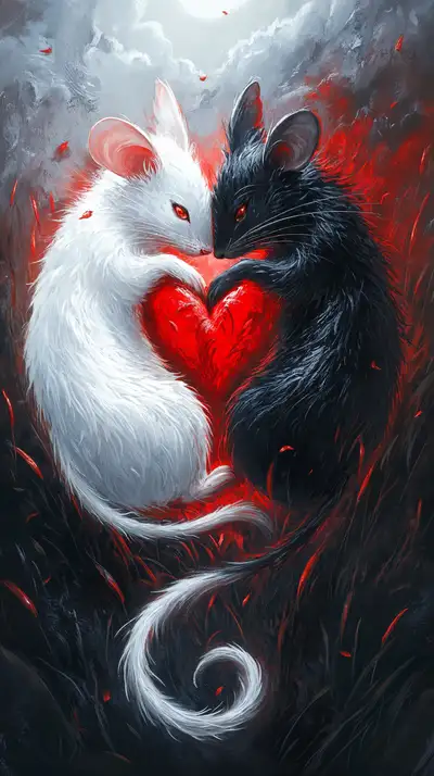 Hai Cáo Tương Tợi Trái Tim Đỏ - Hình Nền Phong Thủy AI Art 4K