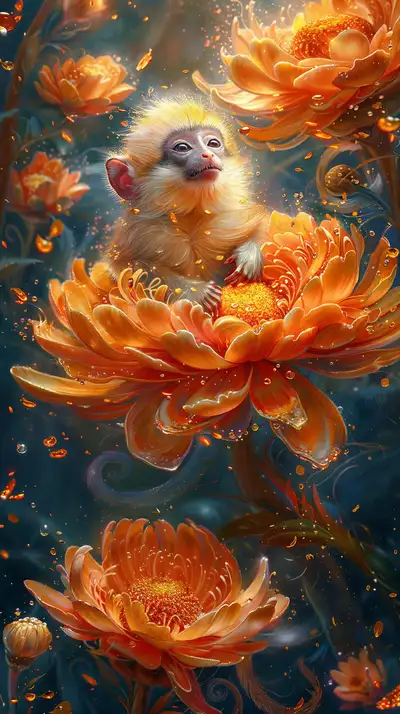 Khỉ Trắng Giữa Hoa Sen Vàng - Hình Nền AI Art 4K Cosmic