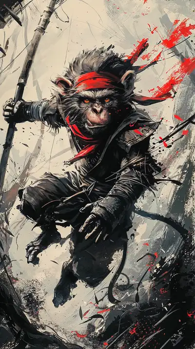 Khỉ Chiến Binh Năm Khỉ - Hình Nền AI Art 4K Ink Splash