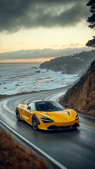 Siêu Xe Vàng Trên Đường Ven Biển - Hình Nền AI Art 4K