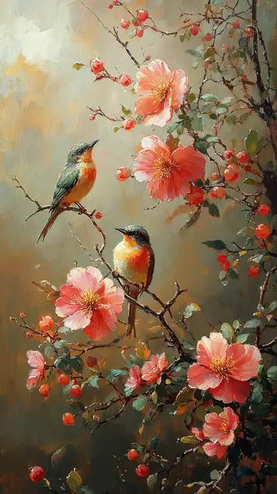 Chim Hạo Ăn Trên Hoa Mùa Xuân - Tranh AI Art Phong Cách Truyền Thống