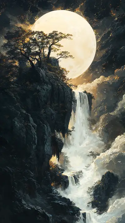 Mặt Trăng Phong Thủy - Thác Nước AI Art Hình Nền 4K