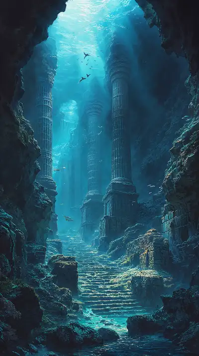 Tàn Tích Đền Thờ Dưới Nước - Hình Nền AI Art Cyan Mystical