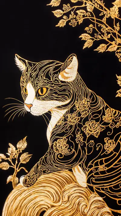 Mèo Vàng Phong Cách Ornamental - Hình Nền AI Art 4K