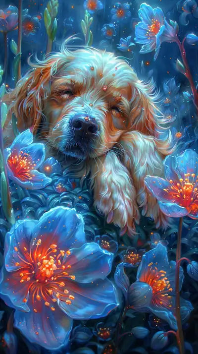 Chó Golden Vàng - Hoa Nước Phát Sáng AI Art 4K