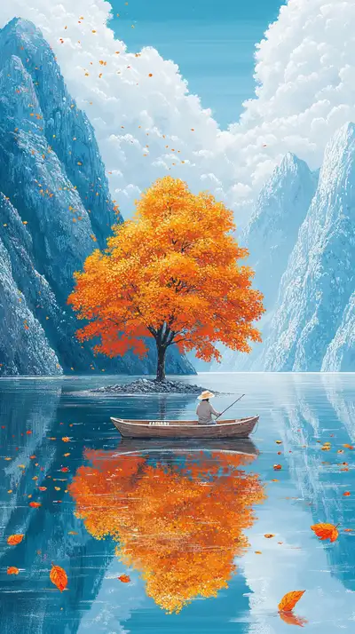 Cây Vàng Cam Phong Thủy - Người Chèo Thuyền Hình Nền AI Art 4K