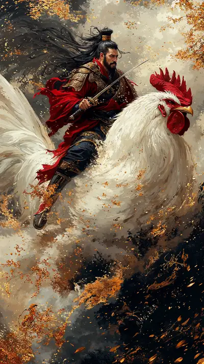 Samurai Cưỡi Gà Trống Vàng - Phong Thủy AI Art 4K