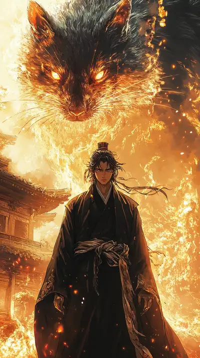 Mèo Linh Thần Lửa - Hình Nền AI Art Anime 4K
