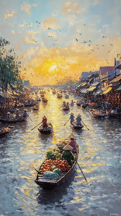Chợ Nổi Hà Nội Hoàng Hôn - Hình Nền AI Art 4K