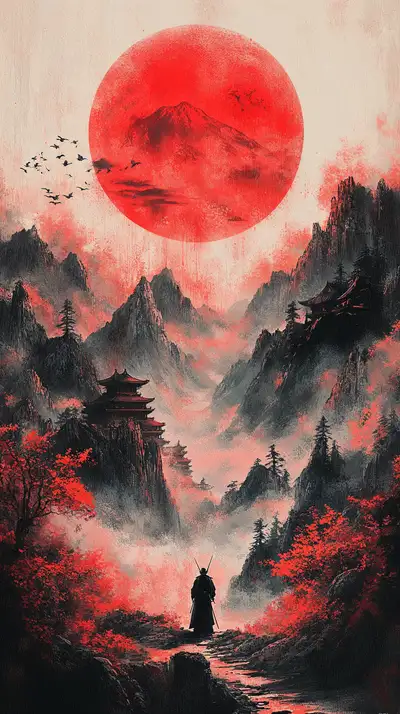Samurai Sương Mù Núi - Hình Nền AI Art 4K Mặt Trăng Đỏ