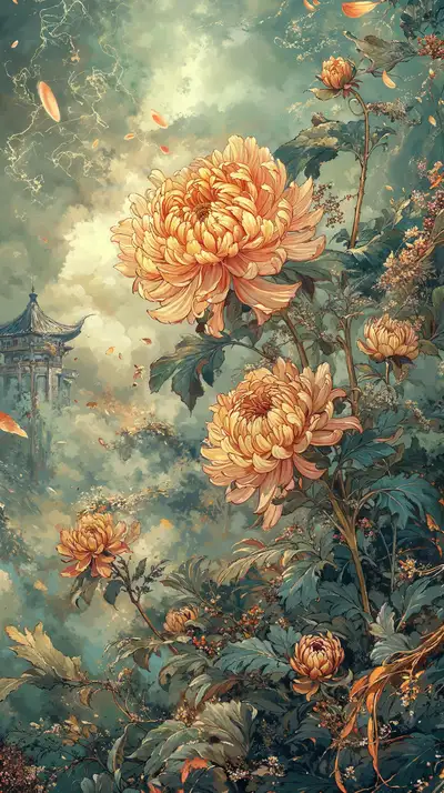 Mẫu Đơn Vàng Kim Phong Cách Cổ - Hình Nền AI Art 4K