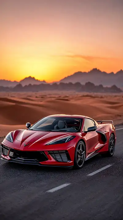 Siêu Xe Đỏ Hoàng Hôn Sa Mạc - Hình Nền AI Art 4K