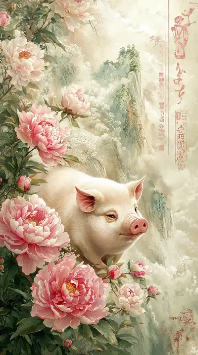 Lợn Trắng Mẫu Đơn - Hình Nền Phong Thủy AI Art 4K