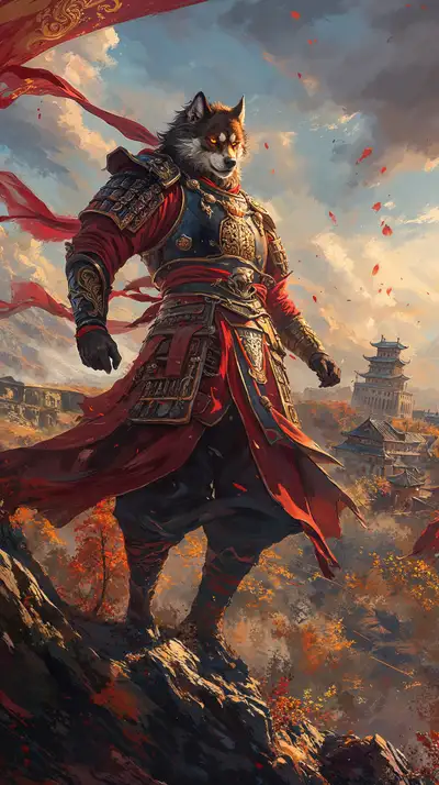 Sói Chiến Binh Phong Thủy - Hình Nền AI Art Hoàng Hôn 4K
