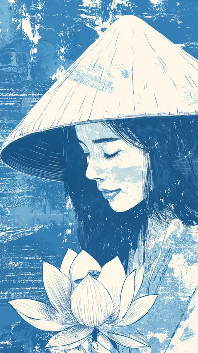Cô Gái Áo Dài Nón Lá Hoa Sen - Hình Nền AI Art Watercolor 4K