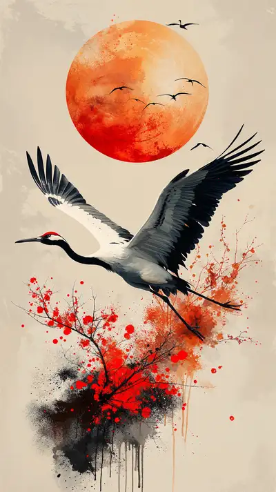 Chim Hạc Bay Lên Mặt Trời Đỏ - Hình Nền AI Art 4K