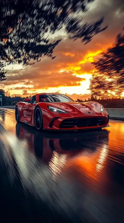 Siêu Xe Đỏ Motion Blur Hoàng Hôn - Hình Nền AI Art 4K