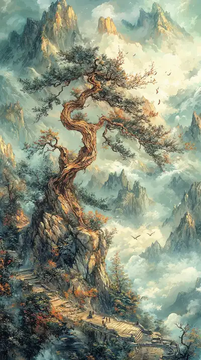 Cây Bonsai Cổ Thụ Phong Thủy - Hình Nền AI Art 4K