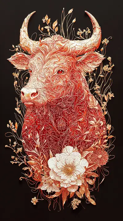 Bò Phong Thủy - Hoa Văn Đỏ Trắng - Hình Nền AI Art 4K