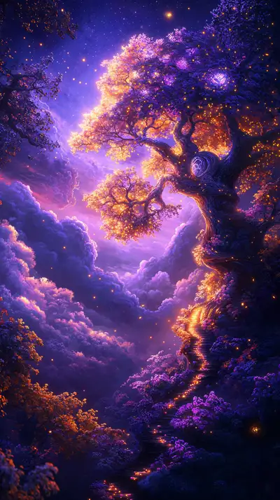 Cây Cổ Thụ Ánh Vàng Huyền Ảo - Hình Nền AI Art Phong Thủy 4K